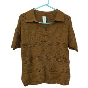 Joie Crochet Knit Brown Short Sleeve Ribbed Collar Top Size Medium